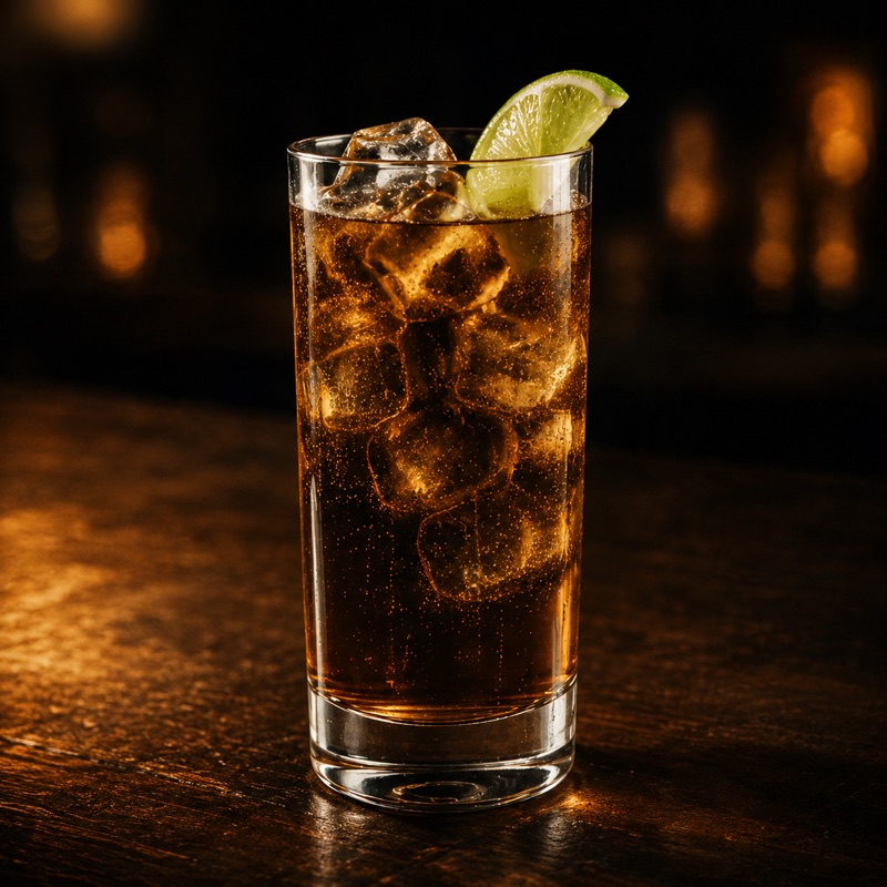 Comeback Cola highball with ice and a lime wedge on a dark bar top