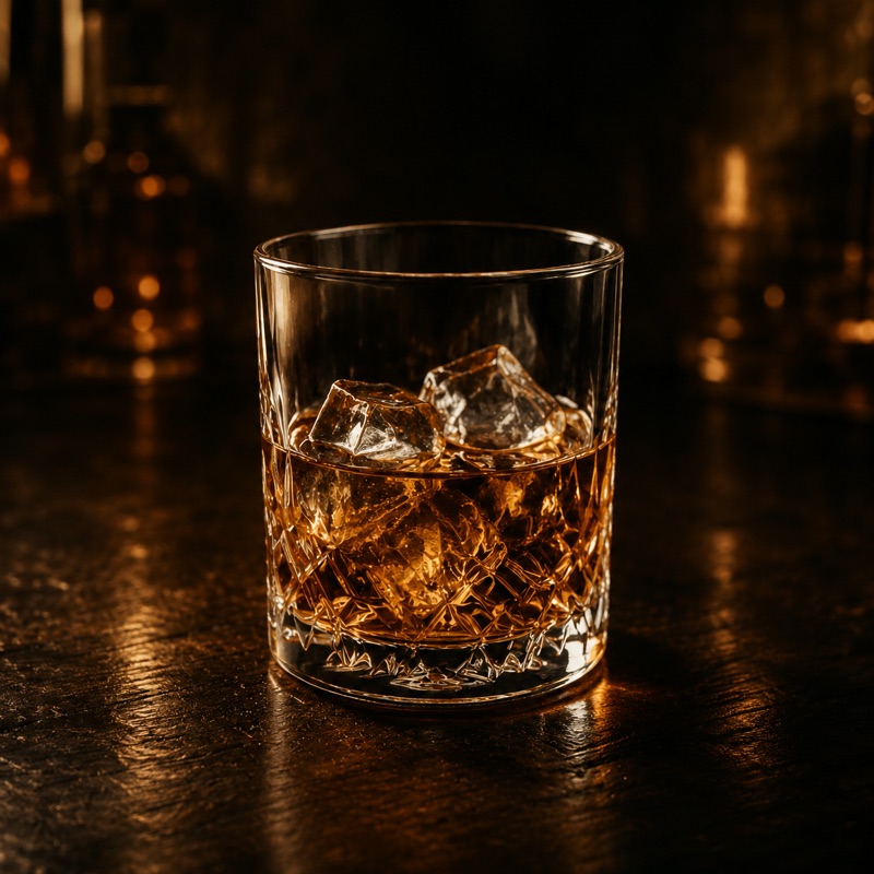 Glenmore Bourbon served over ice in a cut-crystal rocks glass on a dark bar top