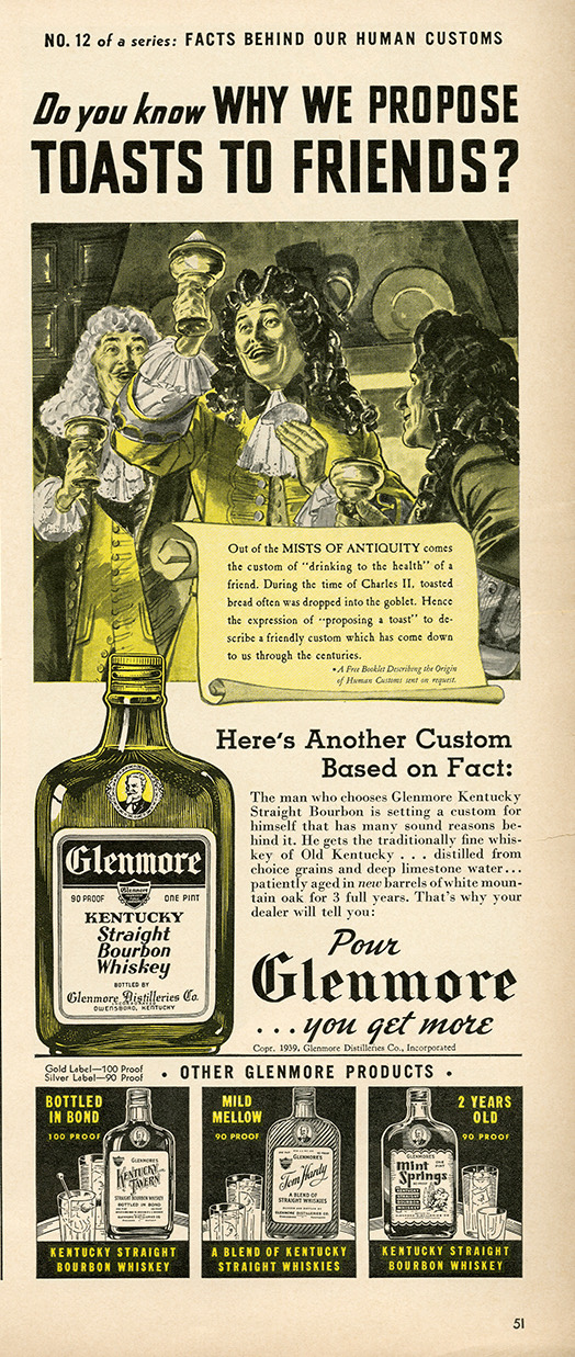 Vintage Glenmore newspaper ad: do you know why we propose toasts to friends?