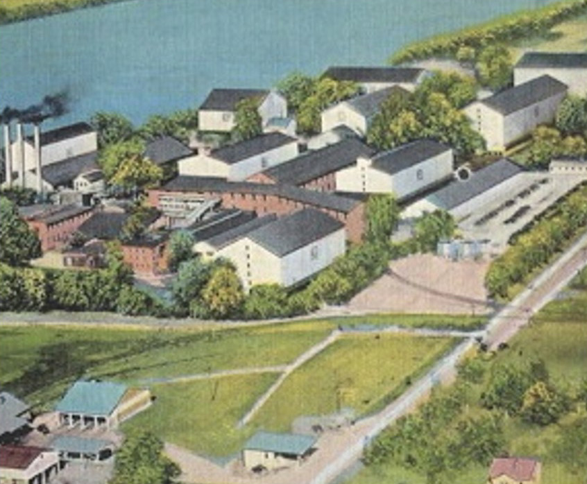 Painted aerial view of the historic Glenmore Distillery campus in Kentucky